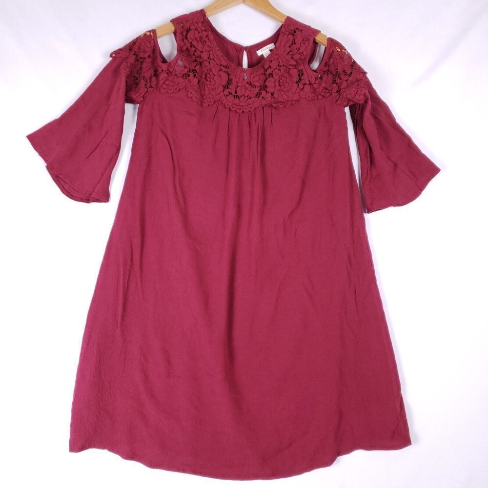 Pinky Dress Womens M Burgundy Cold Shoulder Crochet Boho Flowy Casual Party Chic